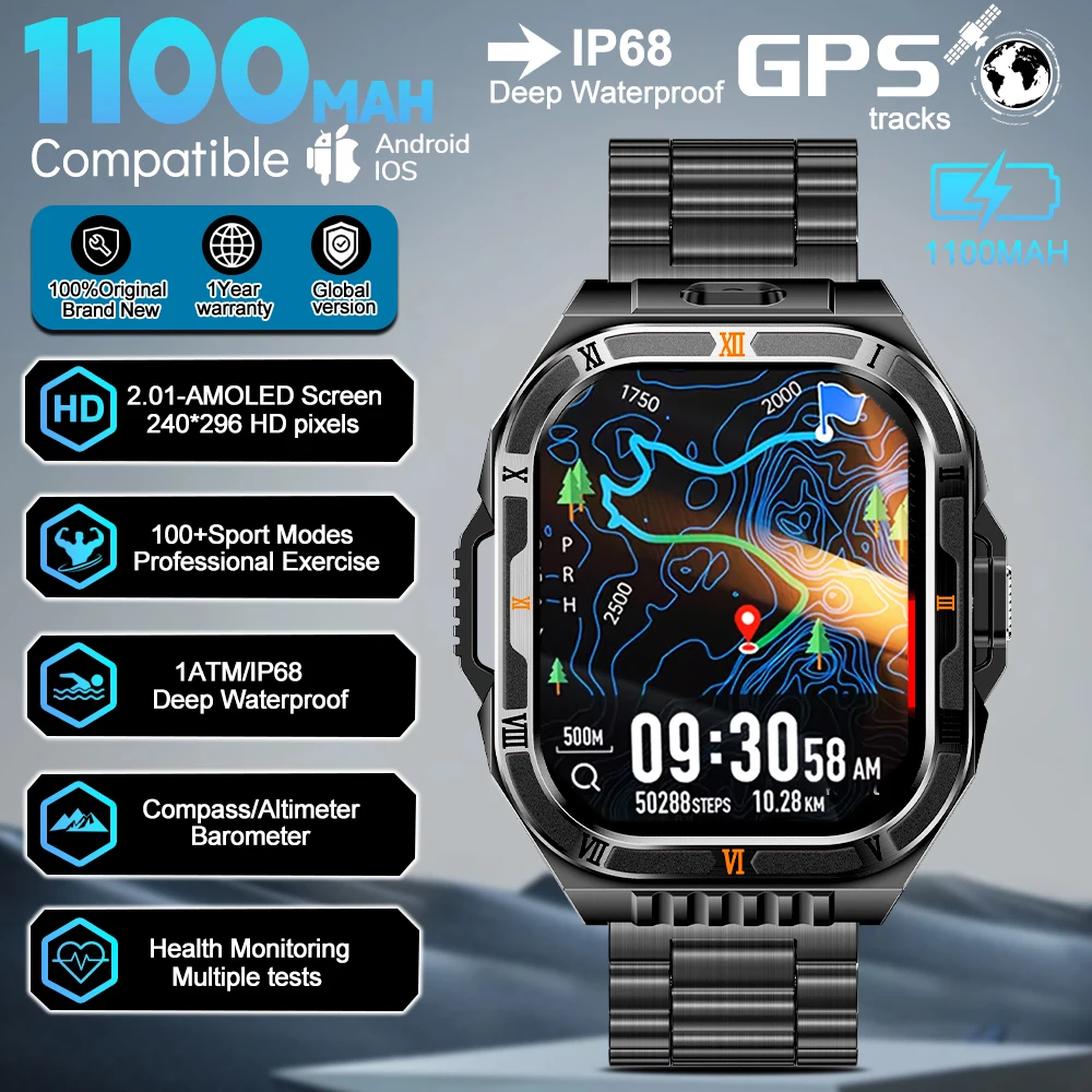 

New 1100mAh Battery Outdoor Ultra Durable Men Smartwatch Flashlight Heart Rate Bluetooth Call IP68 Waterproof Sports Smart Watch