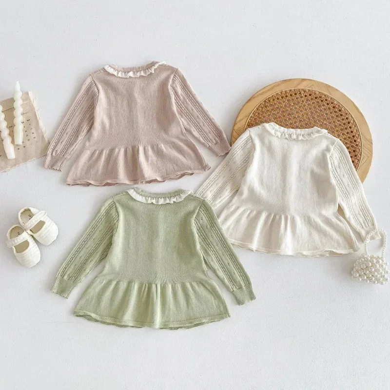 Baby Girls Spring Knitted Cardigan Toddler Long Sleeve Lace Sweater Kids Autumn Hollow Cotton Top Clothing Children Ruffles Coat