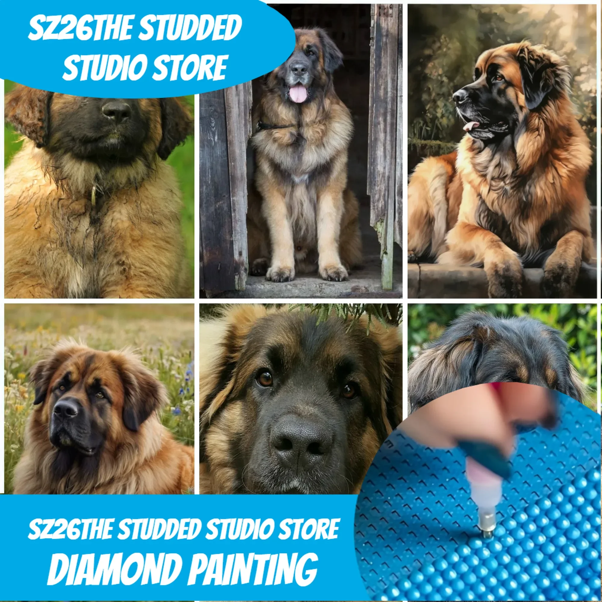 Sz26 Kit de pintura de diamantes DIY con diseño de cachorros Leonberger, acuarela, kit artesanal, bolsa con cierre, perro grande