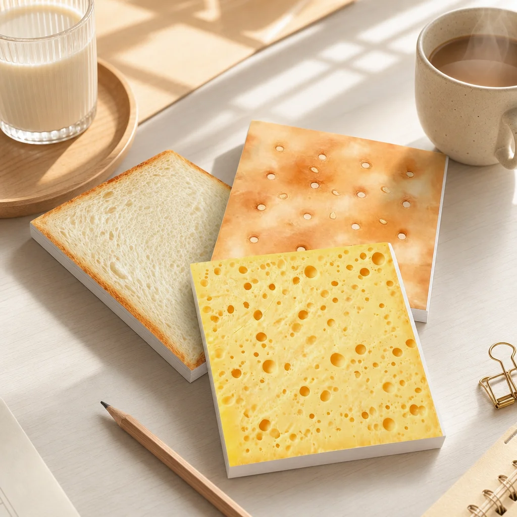 2 Self‑Adhesive Food Sticky Notes, 50 Sheets/Per Pad, Cheese, Biscuit, Toast Shape Memo Pad, DIY Decor Stationery Notepad