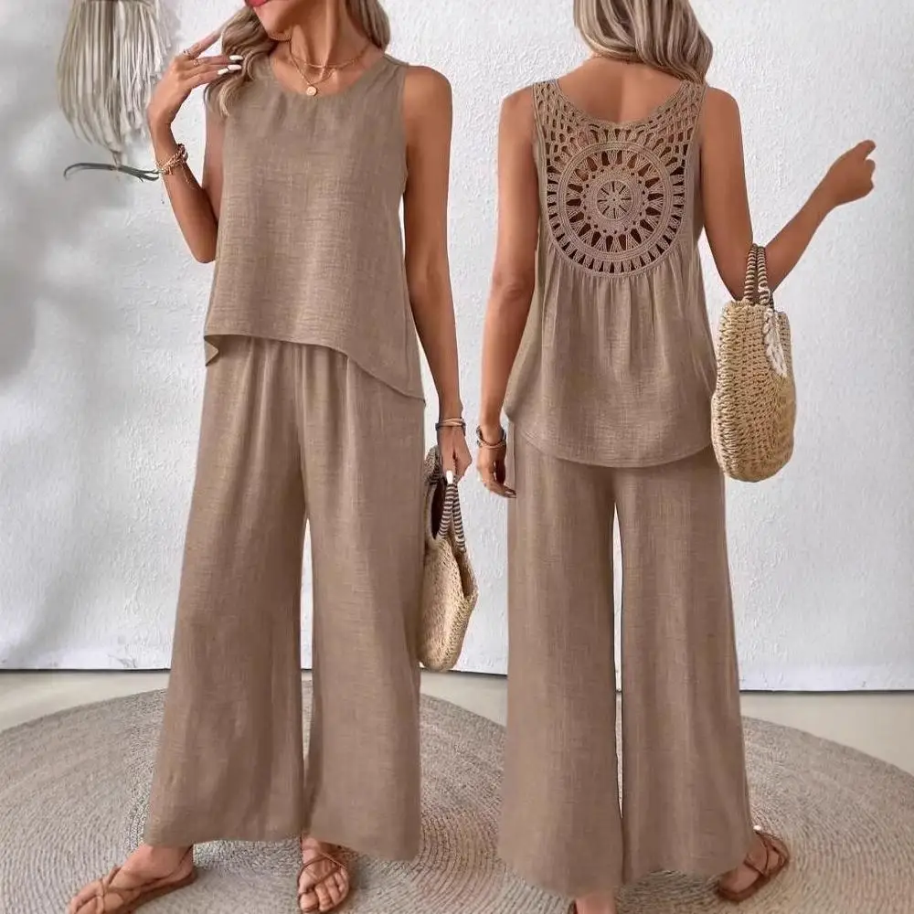 Women's Duya Ba Hollow Lace Wide Leg Pants Set Long Pants Splice Pure Color Tee-piece Set Svel Simple Sle Adult