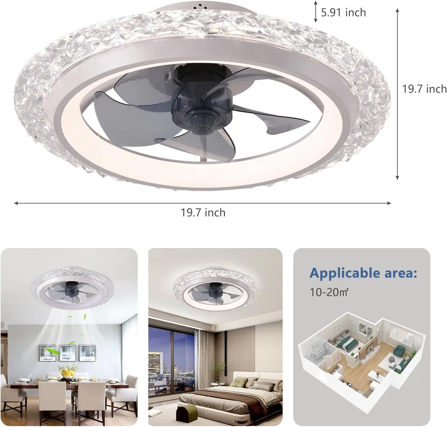 Kindlov-Ventilateur de Plafond Encastré avec Lumière LED, Télécommande et Réglage du Vent à Six Vitesses, 19.7"