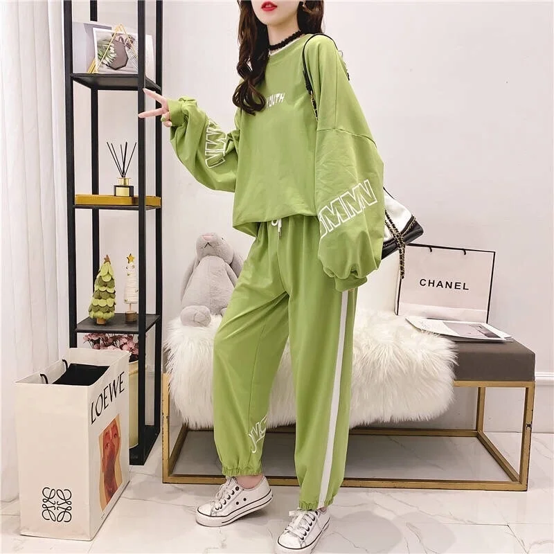 Women\'s 2023 New Spring And Autumn Sports Suit Large Korean Style Student Long Sleeve Hooded Tops And Pants Loose Two Piece Sets