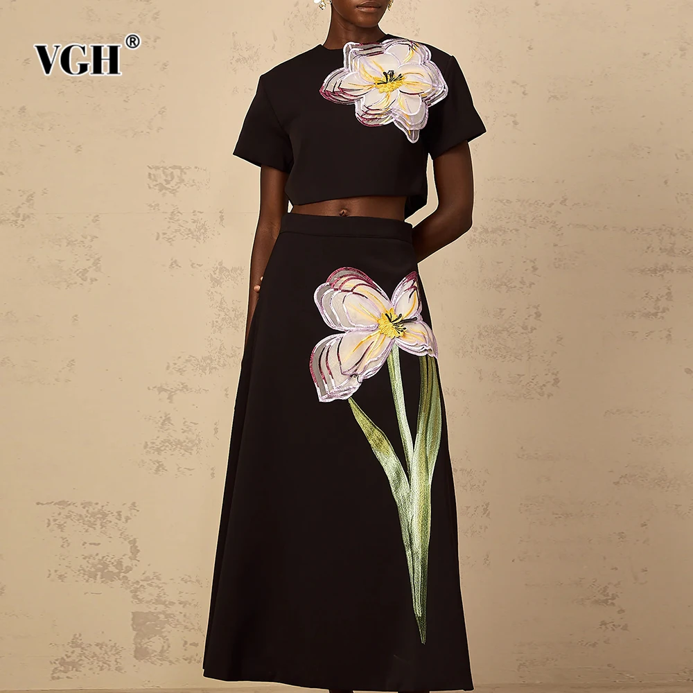 

VGH Spliced Appliques Two Piece Set for Women O Neck Short Sleeve Top High Waist A Line Temperament Skirt Outfits Female Fashion