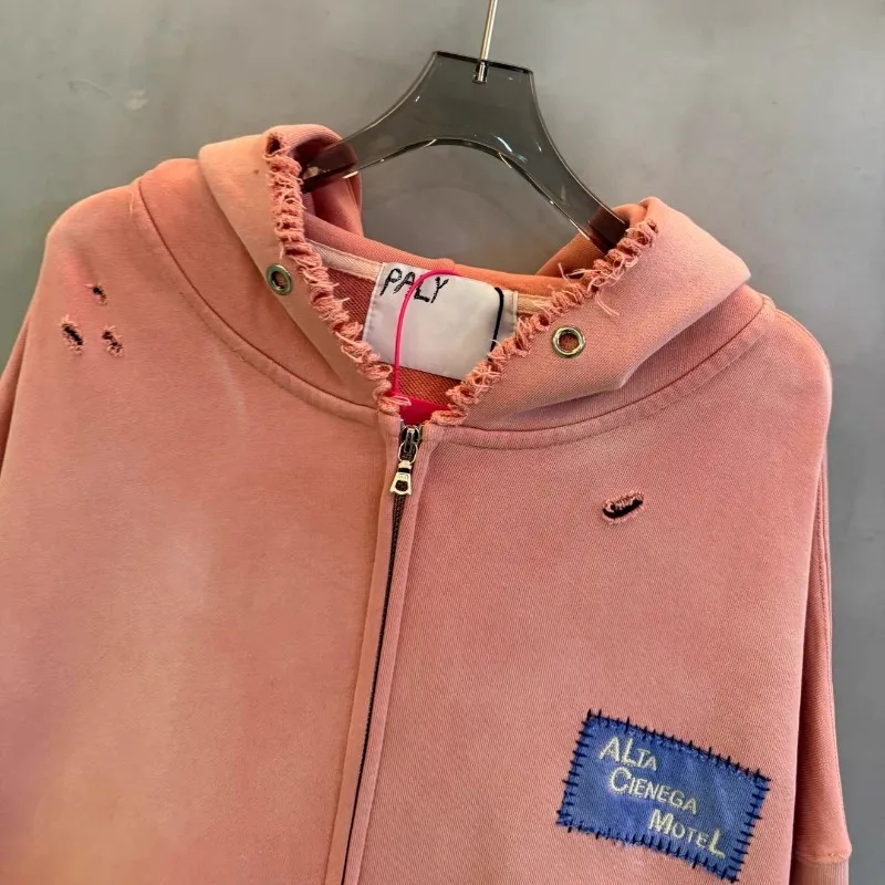 Paly Hollywood Mens Zipper Jacket Best Quality Washed Pink Retro Womens Hoodies