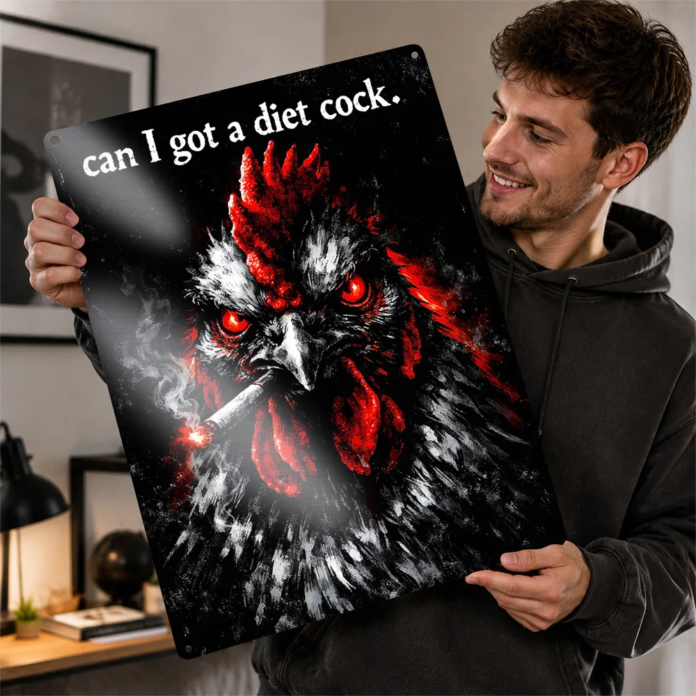 Angry Rooster With Cigarette Aluminum Poster Illustrated Wall Art For Living Room Personalized Metal Sign Animal Lover Gift Idea
