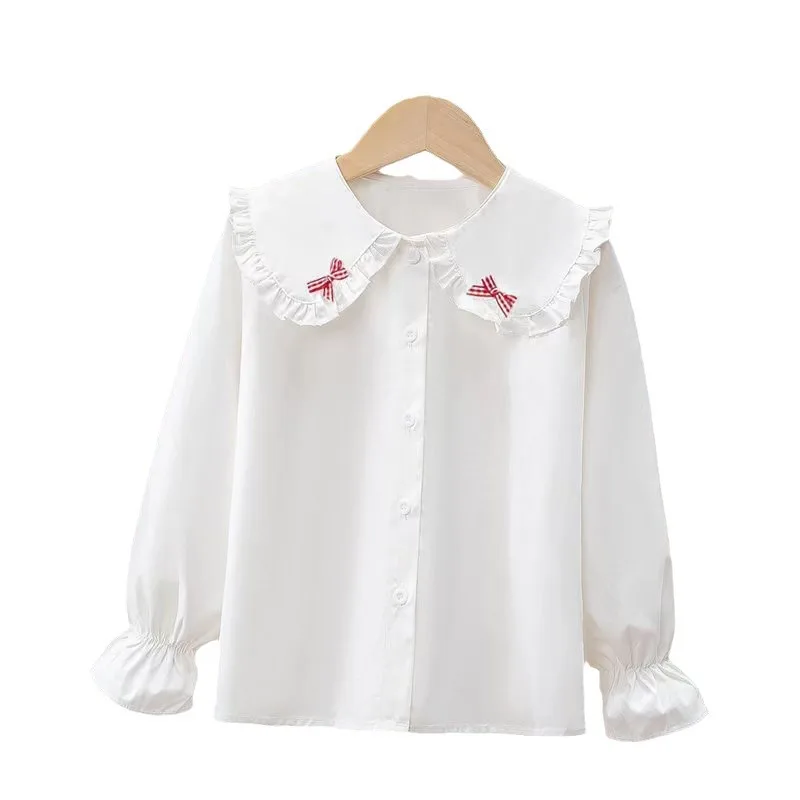 Girls\' Spring Autumn Blouse New Korean Style Fashionable Long Sleeve White Shirt Children\'s Lace Peter Pan Collar Bottoming Shir