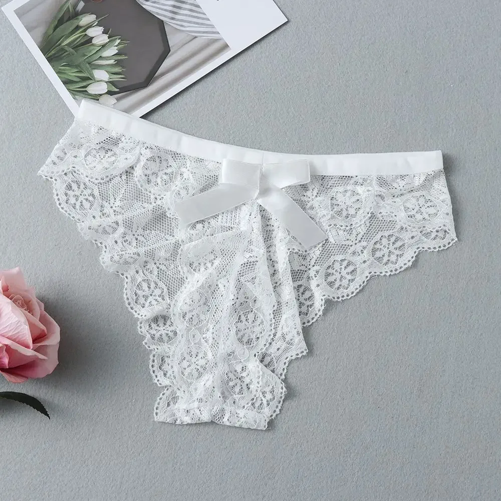 Women's Lingerie Transparent Underpants Lace Flowers Underwear Hollow Bow Panties Thong G String Trendy Briefs M-3XL image 3
