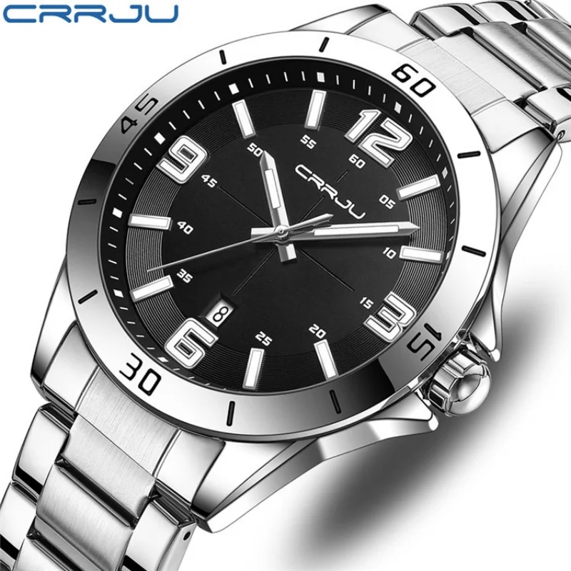 CRRJU 5003 relojes de cuarzo de moda para hombres calendario luminoso impermeable correa de acero inoxidable reloj Casual reloj deportivo para hombres