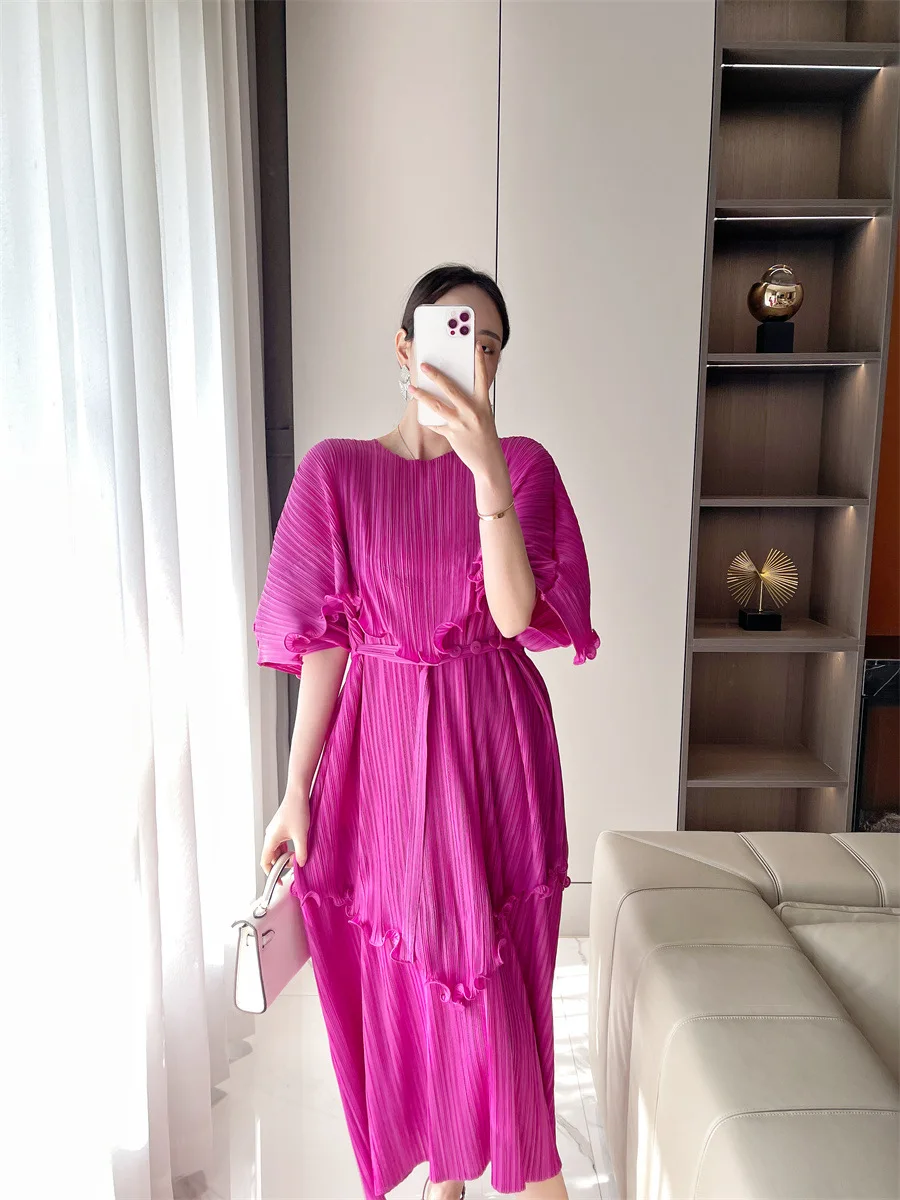 

Miyake Pleated A Version New Dress 2023 Spring/Summer Off Shoulder Sleeves Show Thin and Cover Meat Fat MM Temperament Dress