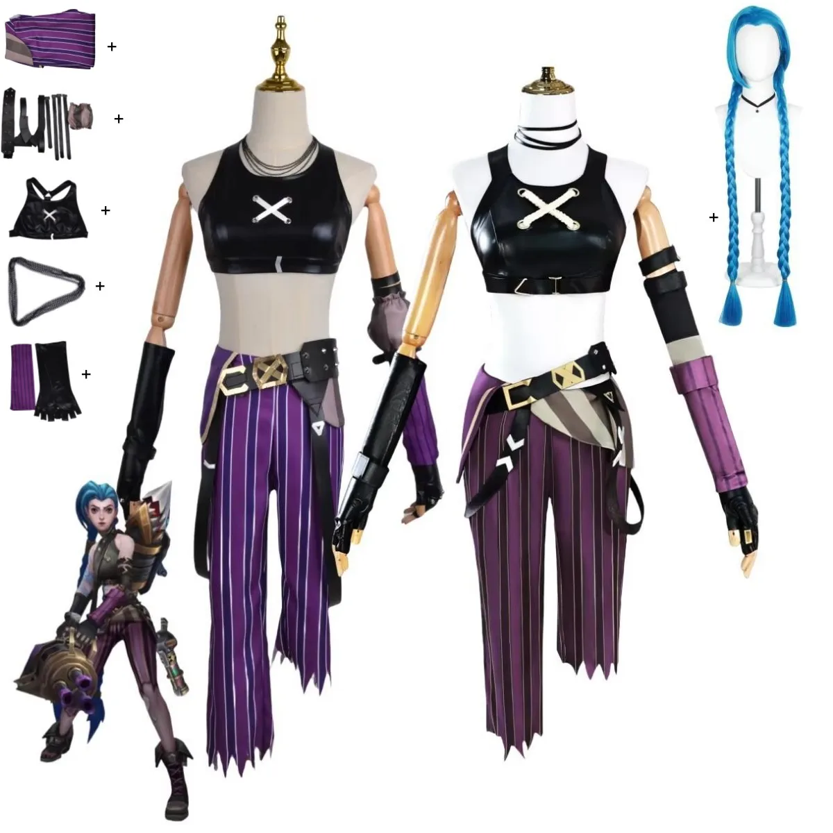 

Игра LOL Arcane Jinx Косплей Костюм Аниме League of Legends PU Топы Полосатые Брюки Униформа Парик Женский Сексуальный Карнавальный Костюм Для Вечеринки