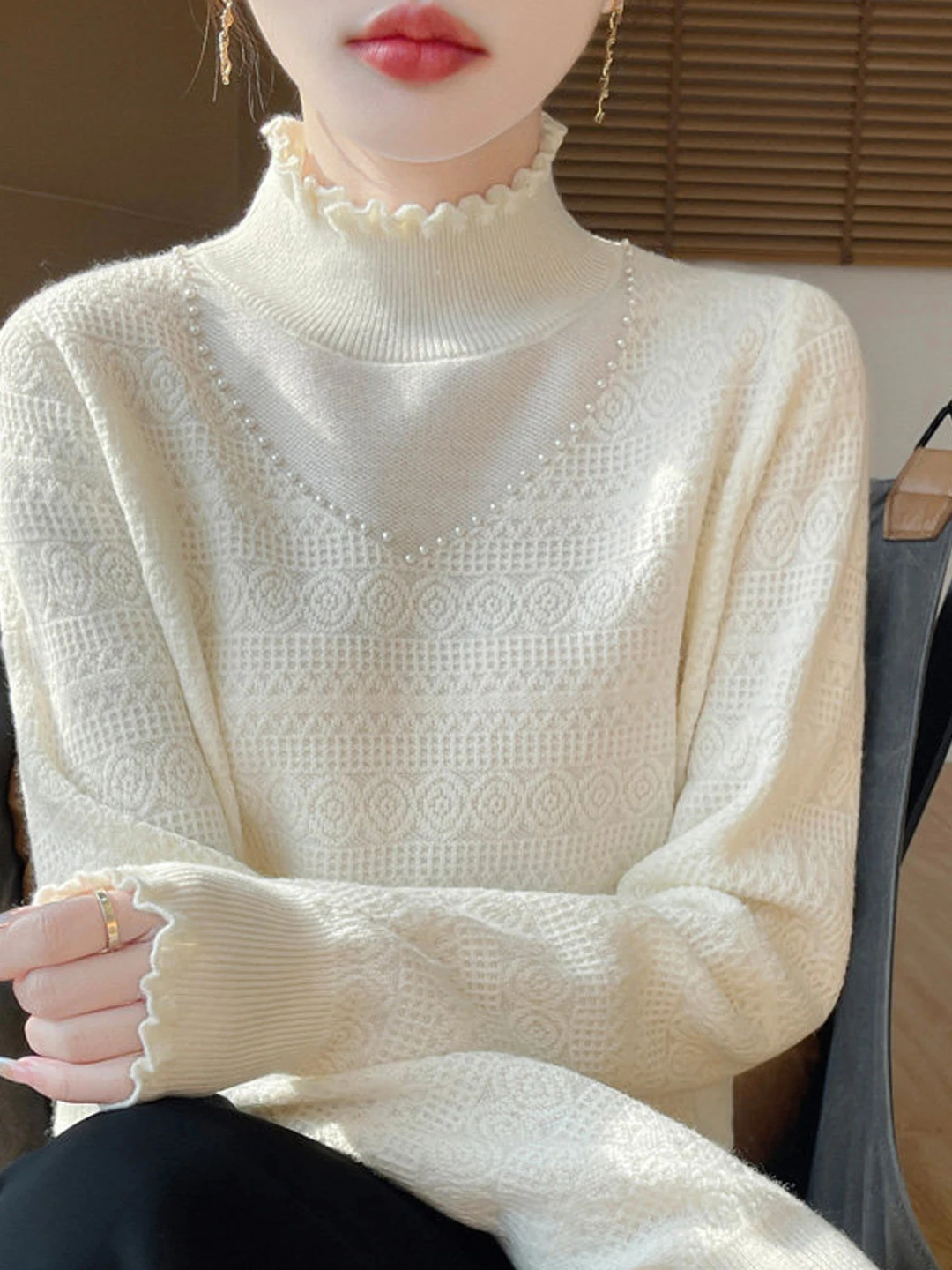 Fashionable Thickened Autumn Winter Sweater Women's Grommet Trim Half High Collar Knitted Top Casual Style Soft Polyester Fiber