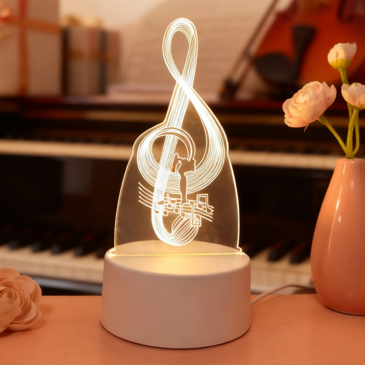 ضوء ليلي LED ثلاثي الأبعاد بنمط رمز الموسيقى - يعمل بمنفذ USB، ديكور مبتكر للمكتب وغرفة النوم، هدية مثالية لعشاق الموسيقى