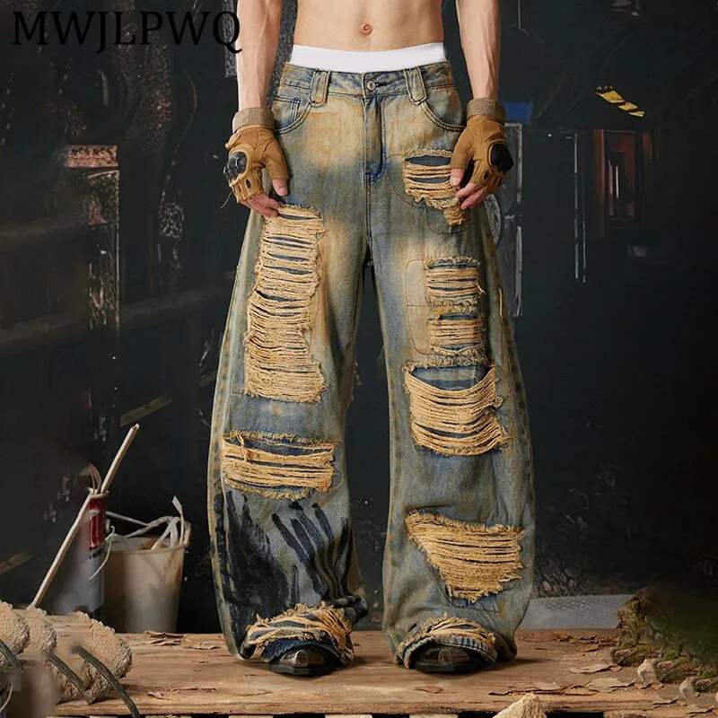 

MWJLPWQ Men's Heavy-duty Distressed Washed Jeans New Dark Street Printed Rough Edge Loose-fit Curved-cut Wide Leg Pants 14908
