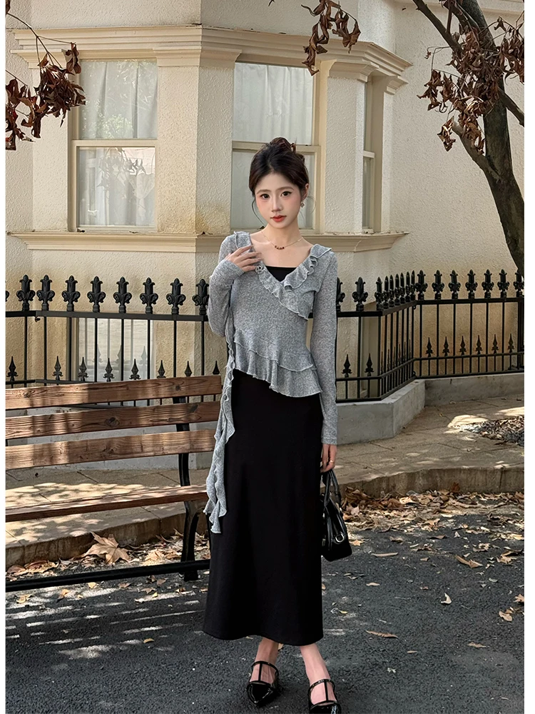 

Комплект для похудения: топ и длинные рукава с V-образным вырезом, модный французский повседневный стиль, с завышенной талией, для женщин