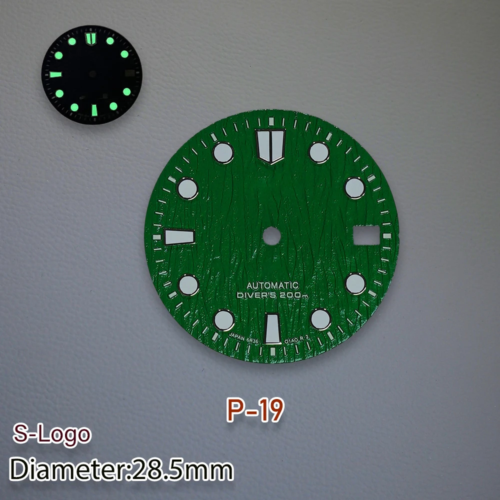 28.5mm S Logo Bark Dial Suitable For NH35/NH36/4R/7S Movement Green Luminous High Quality Watch Modification Accessories tools