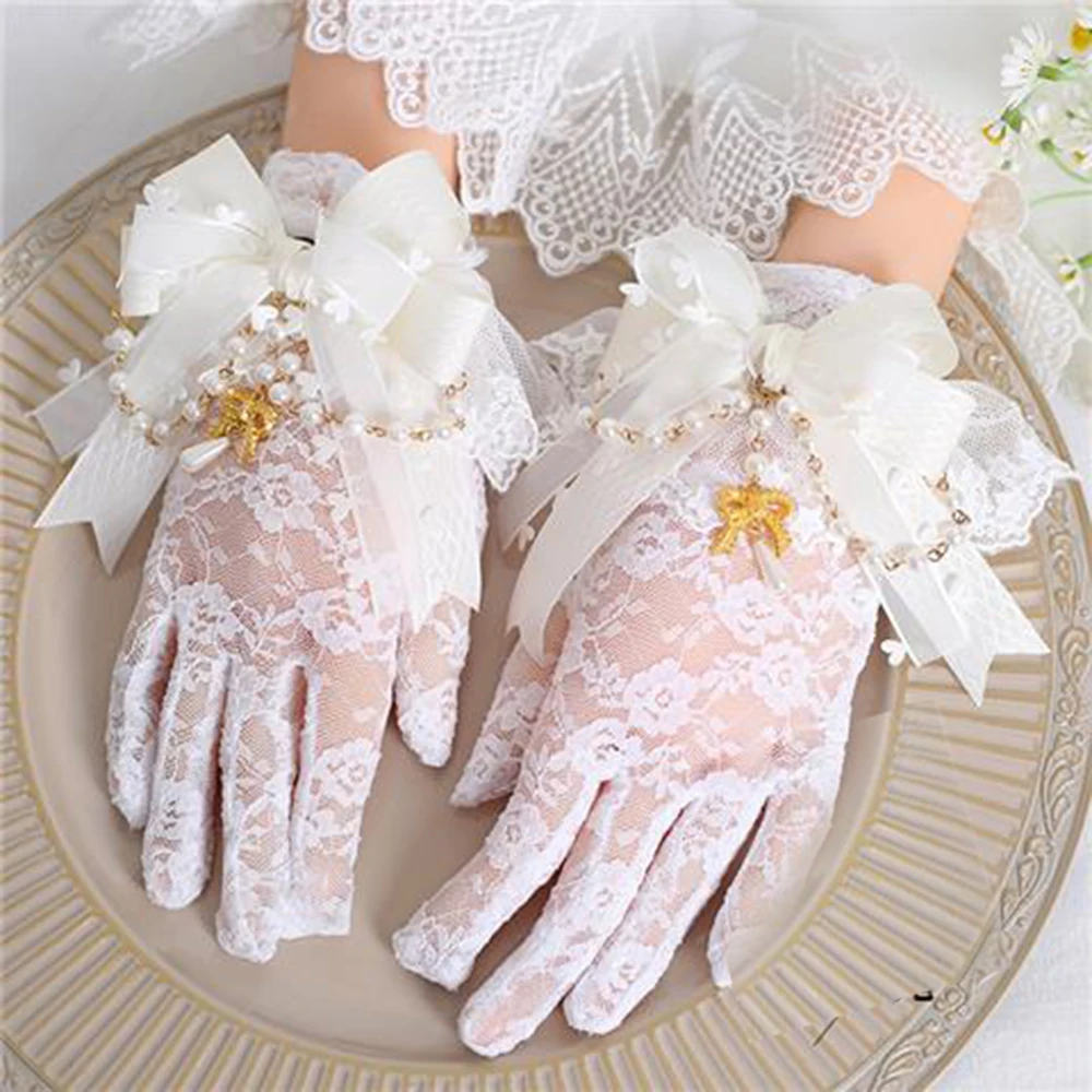 

Lolita Rhinestone Gloves Hand Wrist Cuffs Bowknot Lace Trim Maid Cosplay Accessories For Women Girl Party Shooting Props