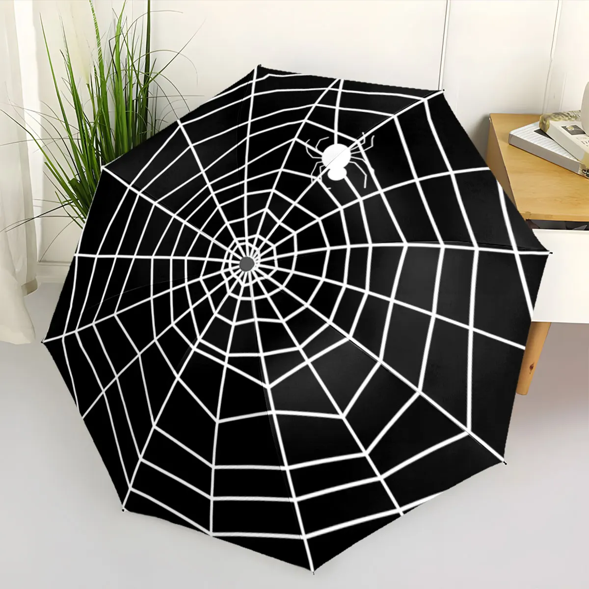 1PC Spider Web Umbrella: Elegance in Black and White Print 8 Iron Ribs Folding Umbrella Auto-Open Fashion Sunshade
