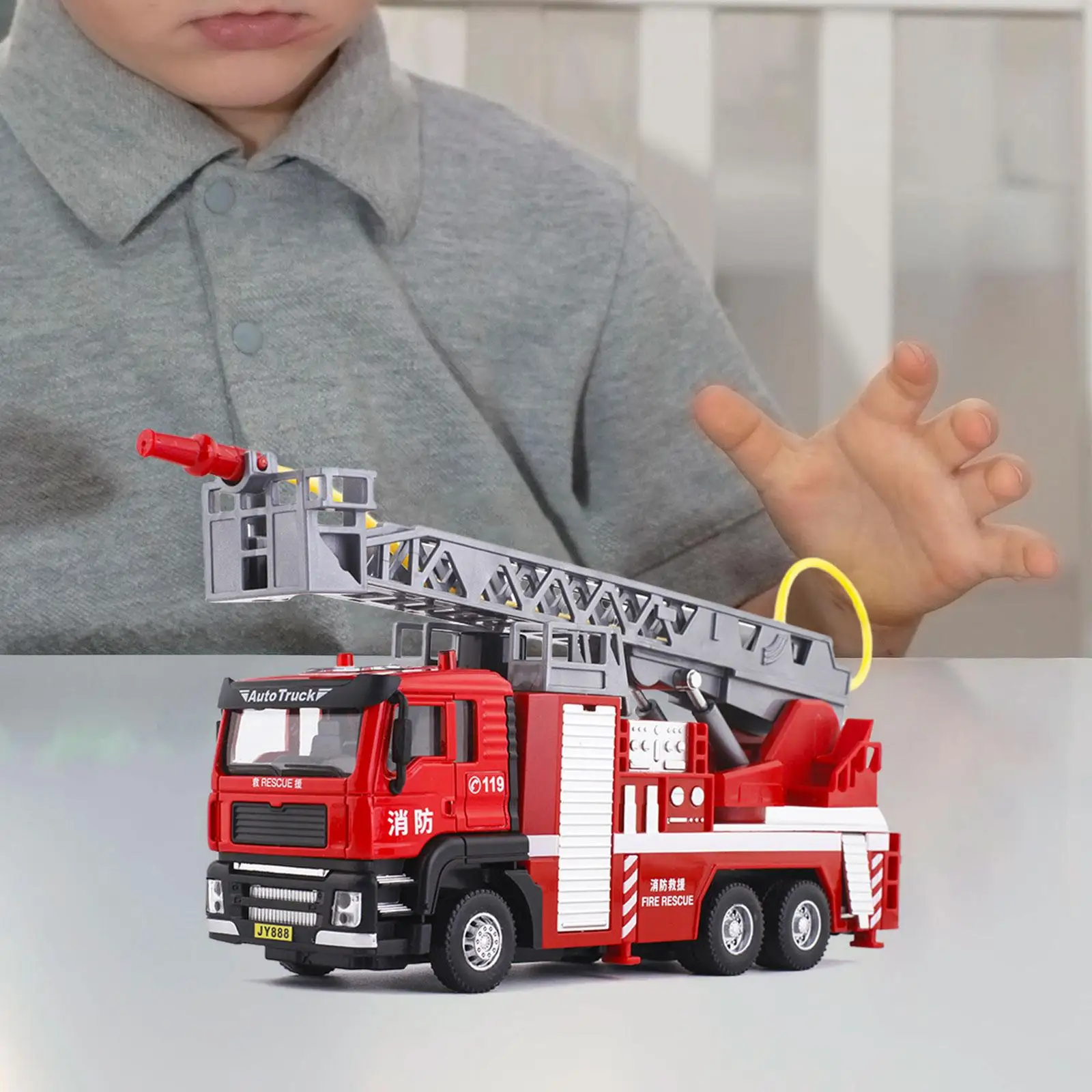 1/32 Scale Fire Truck Model Tabletop Decor Role Play with Lights Sounds Pull Back Fire Truck for Kids Boy Girls Adults Teens