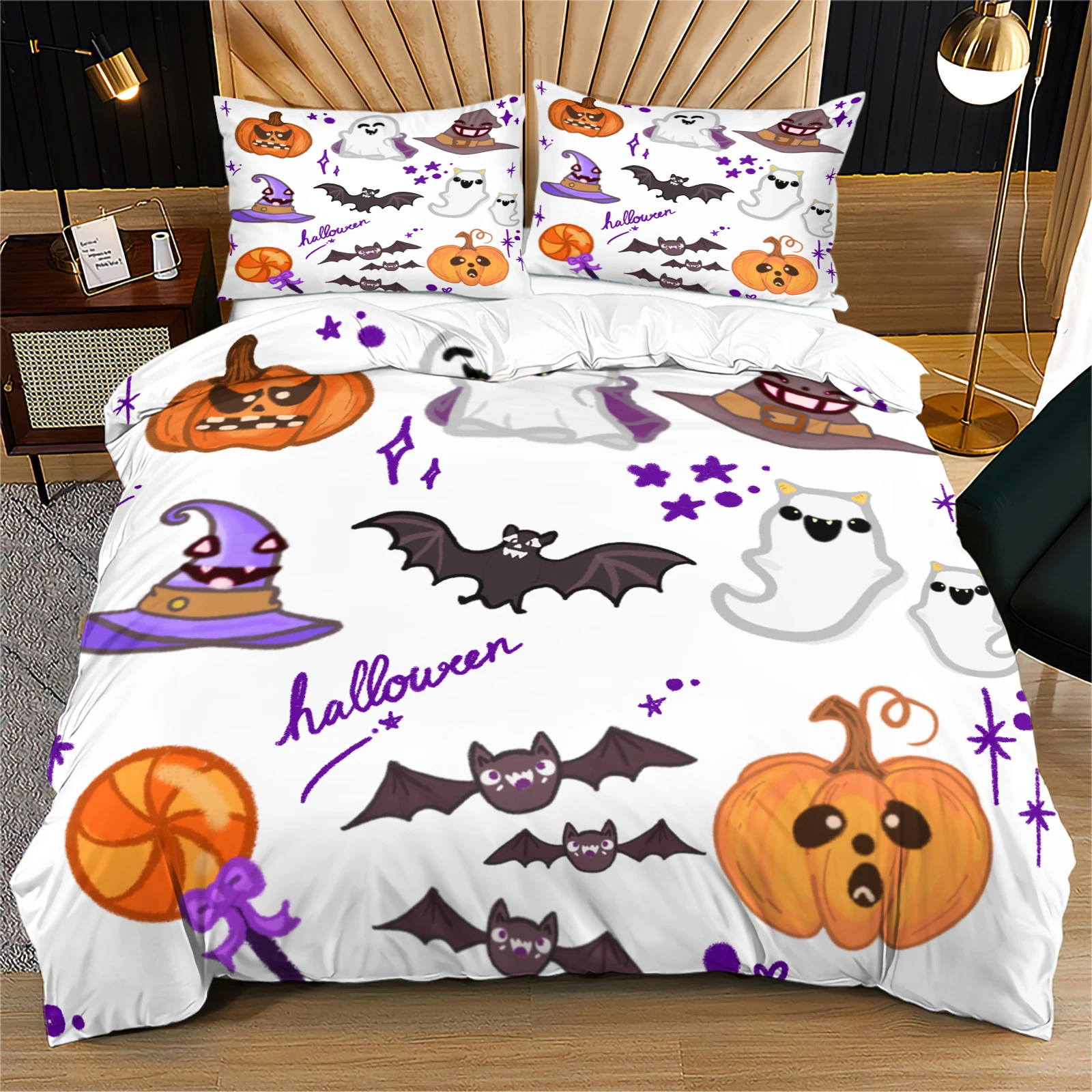 Playful Halloween Cartoon Bedding Duvet Cover Set Pumpkin Ghost Bat Witch Hat Pattern Soft Microfiber Bed Set