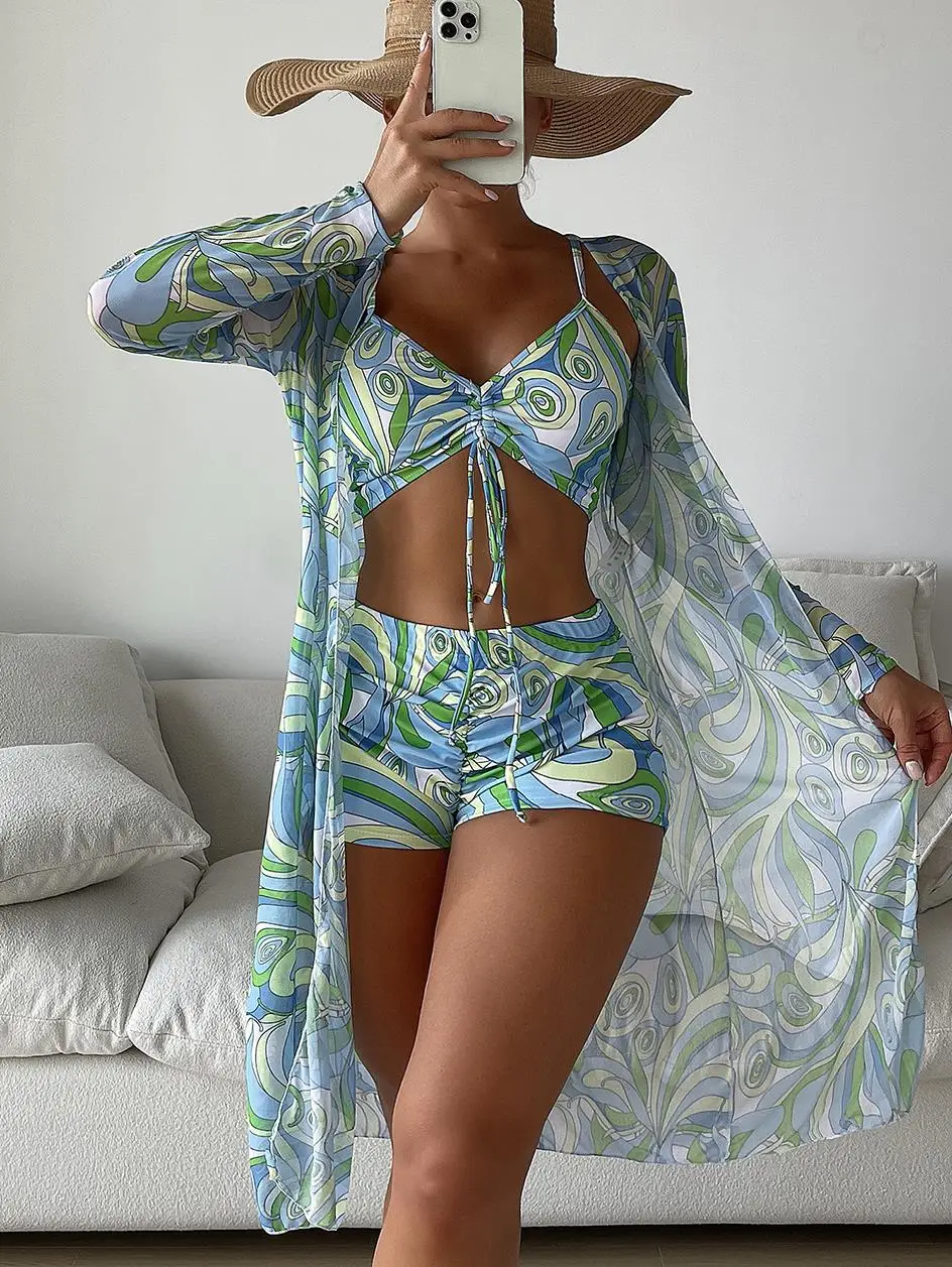 Biquíni sexy estampado feminino, maiô de cintura alta, capa feminina, roupa de banho feminina, moda praia de natação, verão, 3 peças, 2024