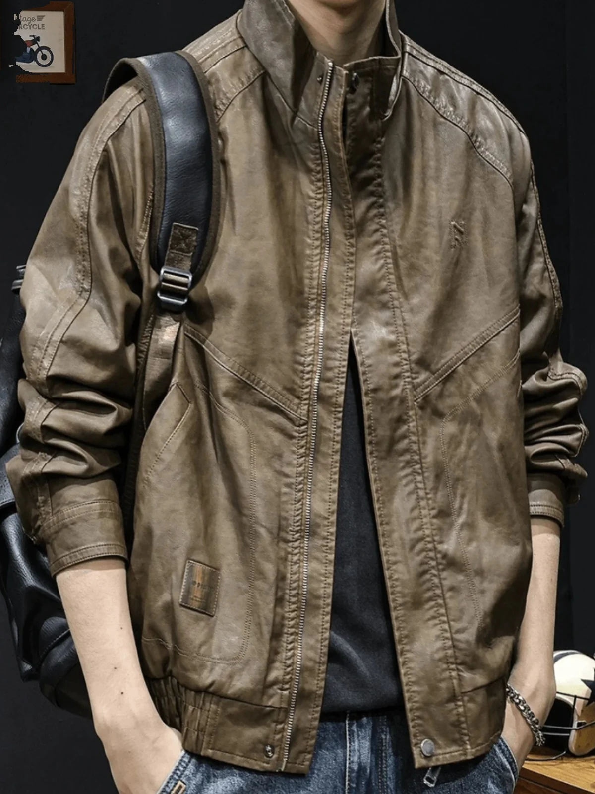 

American Retro High-End Leather Jaet Men's Trendy Brand Premium Feel Autumn Winter Outdoor Motorcycle Coat Stand Collar Han...