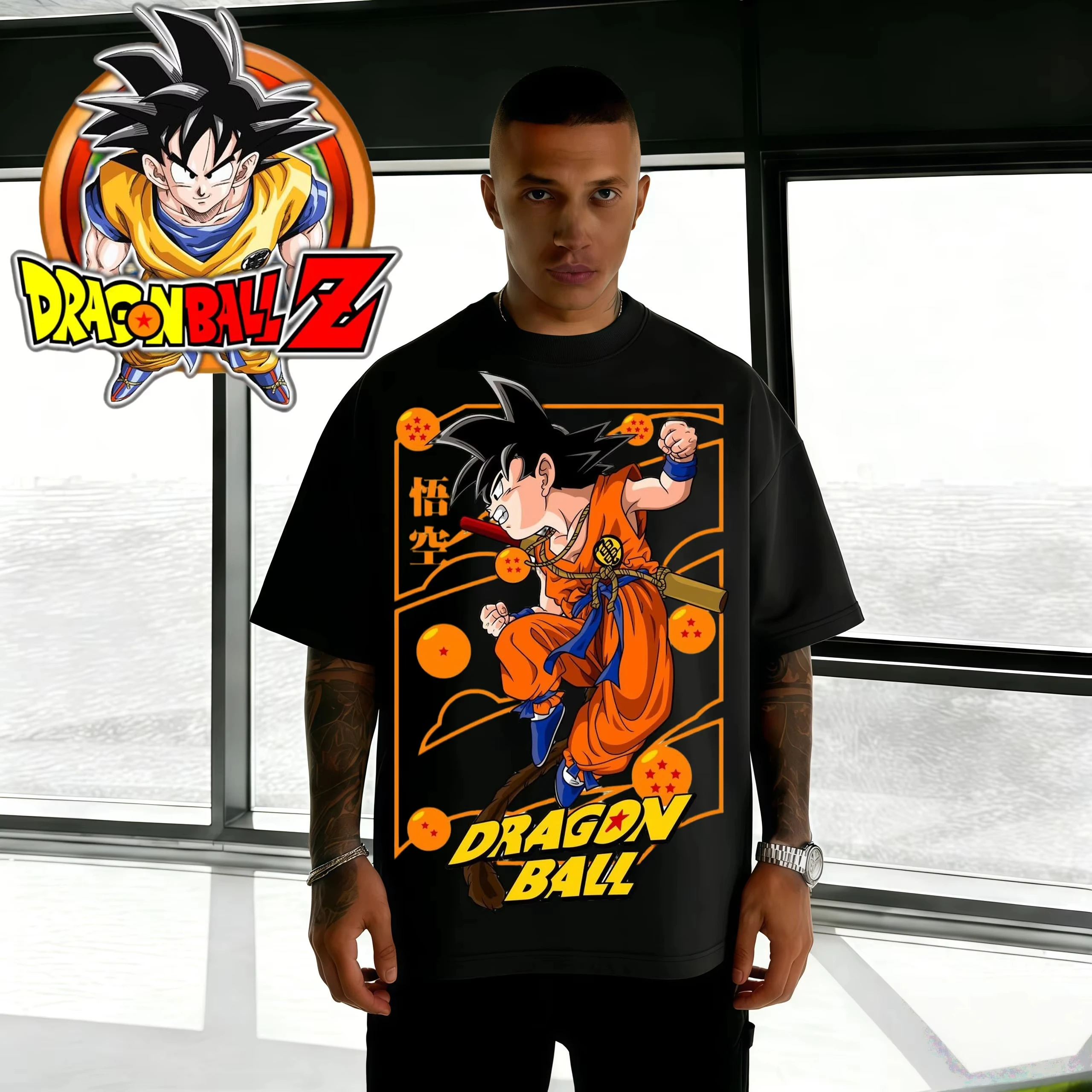 2026 Sommer Dragon Ball Kid Goku 100% Baumwoll-T-Shirt Unisex Oversized Casual Y2K Streetwear Tee mit Dragon Balls & Kanji Aufdruck