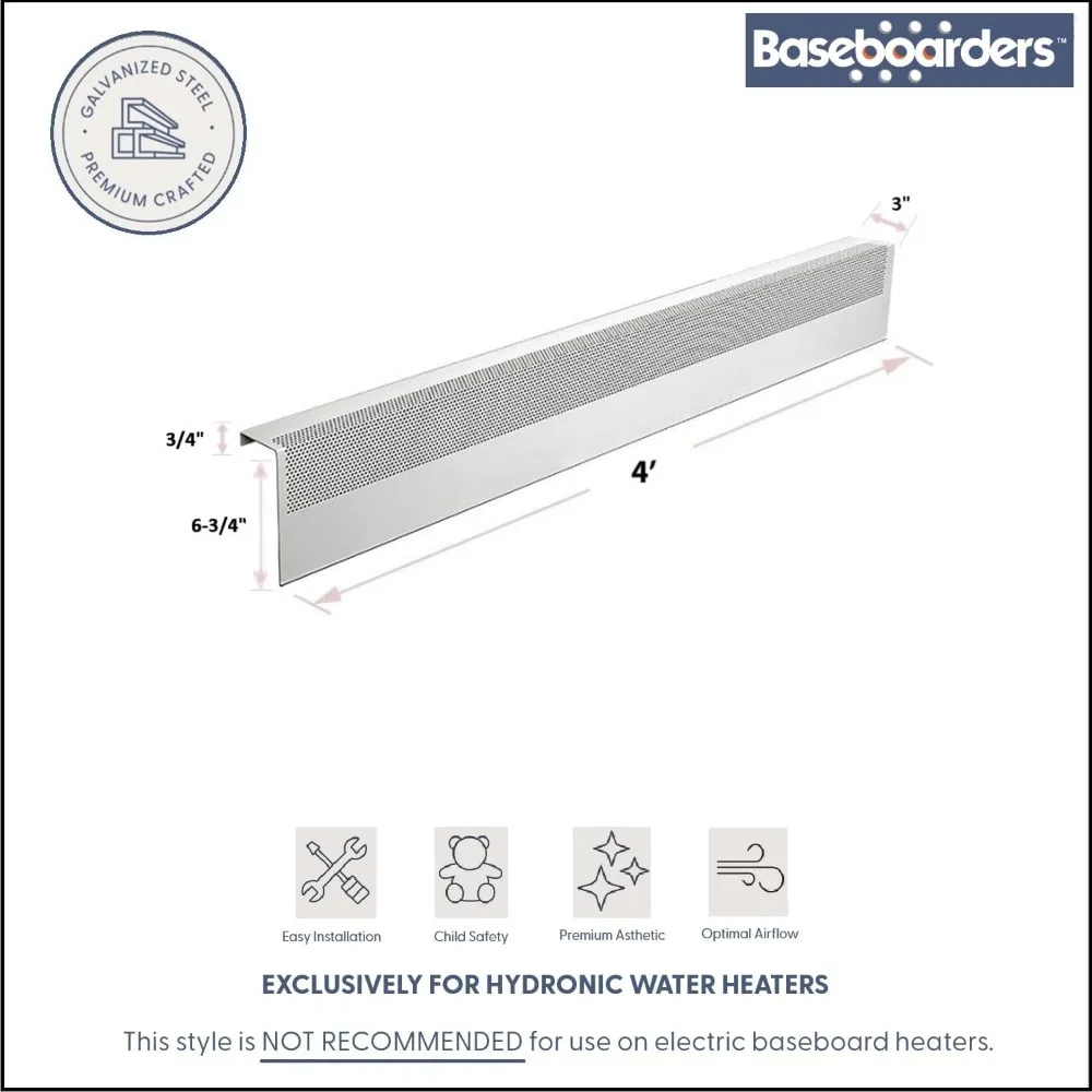 Copertura per riscaldatore da battiscopa idraonico in acciaio zincato da 4 piedi - Facile slip-on, bianco, compatibile con il sistema idrico, serie base