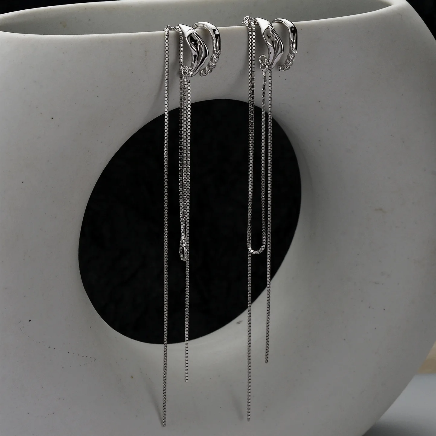 F.I.N.S 1PC Original Tassel Box Chain 100% S925 Sterling Silver Ear Clip Double-Layer Zircon Earrings No Ear Hole Catilage Jewel