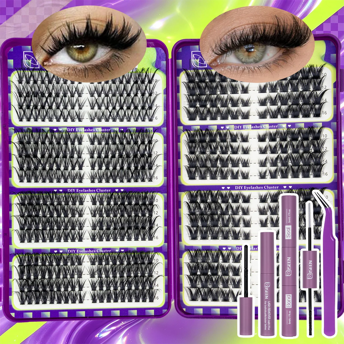 Wimpernbüschel-Set, Einzelwimpern-Verlängerungsset, Wispy Wimpernbüschel mit Wimpernkleber und Versiegelungsmittel sowie Pinzetten, verschiedene Stile – Detail 5