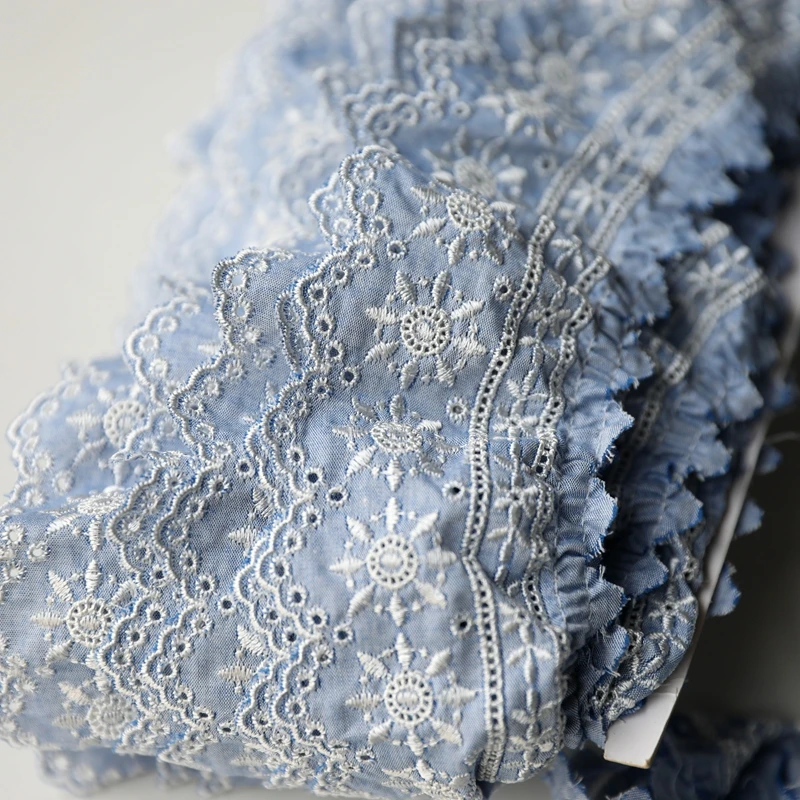 3 Meters 7cm wide Blue Imitation denim embroidered pleated Lace Trim