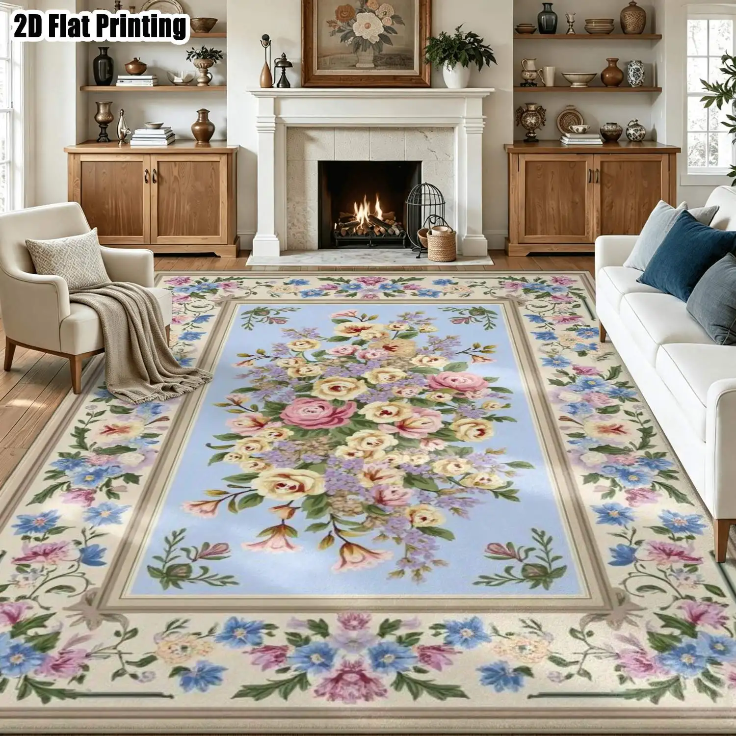1Pc 2D Printed Carpet: Blue Base, Pink Floral Pattern European/Bohemian/Vintage Style, Instagram-Inspired. Home Decor Rug, Multi-Size, Machine Washable.