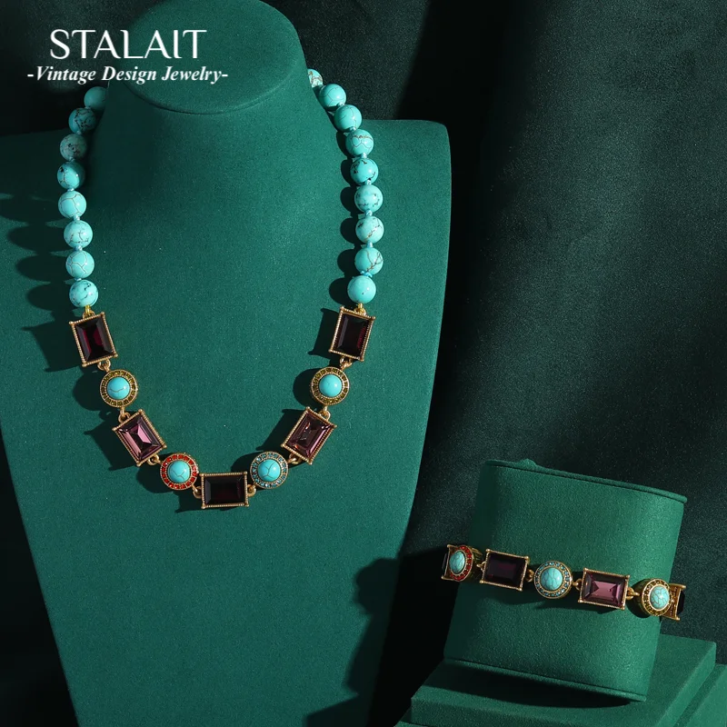 

Vintage Blue Natural Stone Jewelry Sets Antique Necklace Luxury Purple Square Woman Bracelet Bridal Accessories New 2025