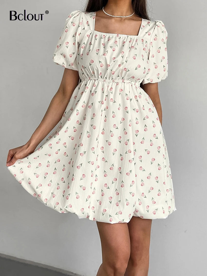 Bclout Summer Print Dresses Female 2024 Elegant White Puff Sleeve Pleated A-Line Dresses Vintage Square Collar Mini Dress Women