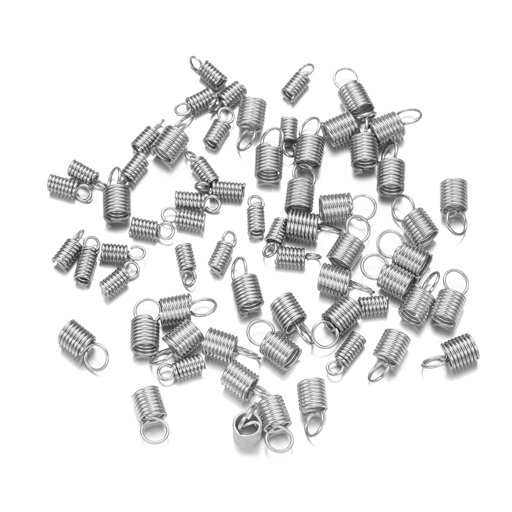 50 Pcs Stainless Steel Mini Tube Cord Cap Tip Leather Ends Terminators Coil Spring Fastener Crimp Clasp for DIY Jewelry Making