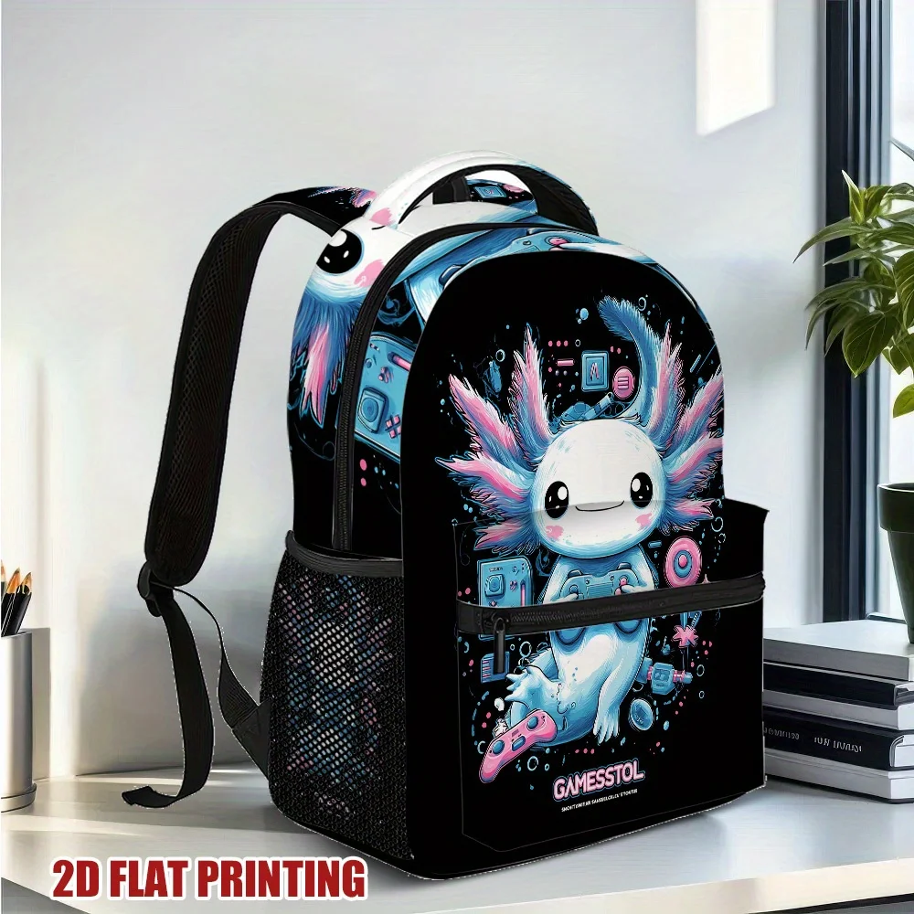 Gaming Axolotl Joy Backpack Cute Cartoon Axolotl with Wings Gaming Controllers Print Lightweight Durable Fabric Zipper Closure
