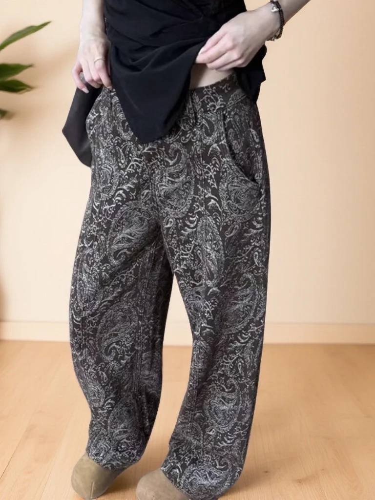 

Faionable Retro Knit Knife Wide Leg Jeans High Waist Loose Floor Length Pants Women's Casual Sle Multi ket Denim