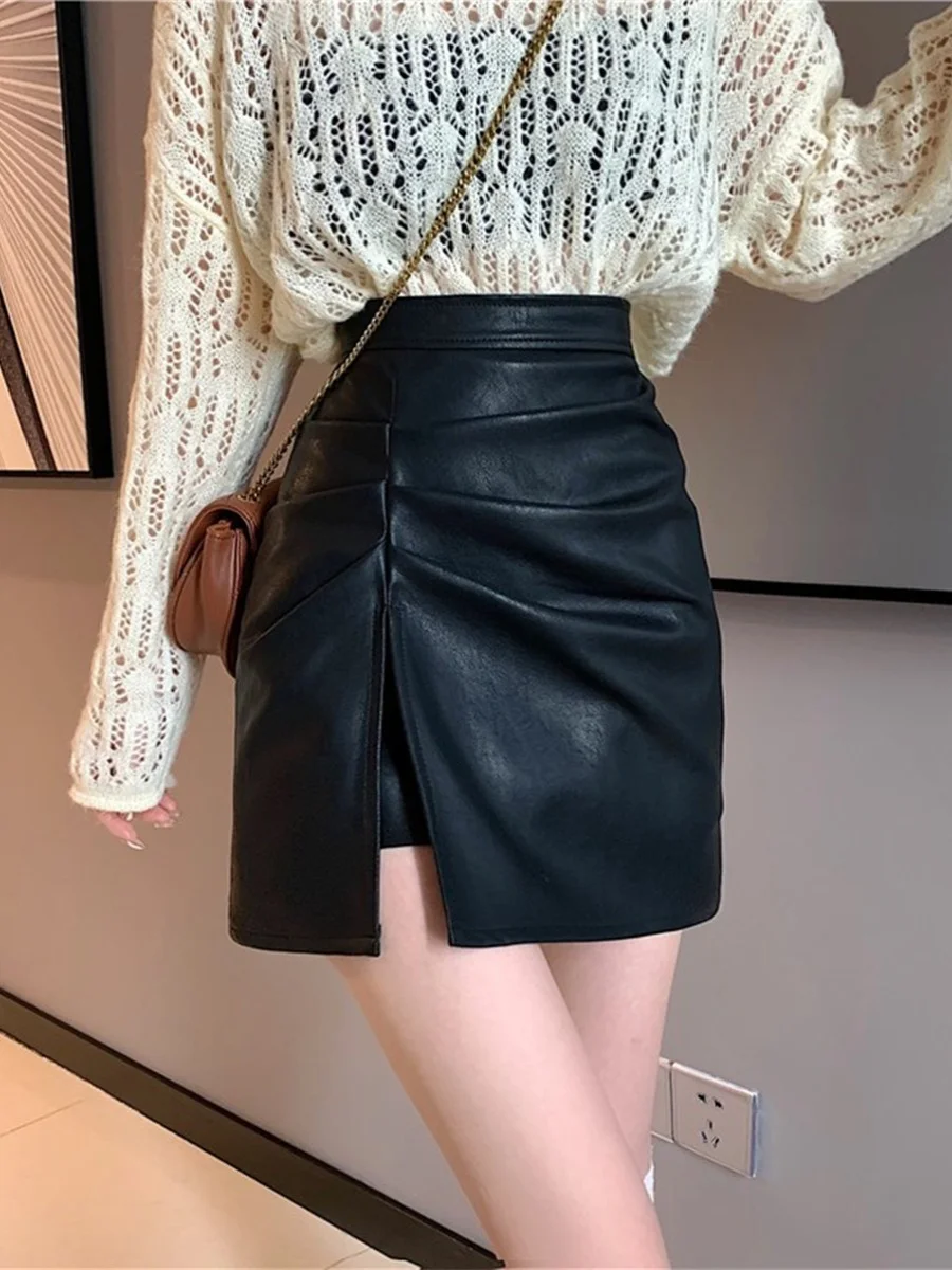 

Bla High Waist ort PU Leather Skirt Sexy Bodycon Skirt plus Size Women's Faion Spring Autumn Color Skirts