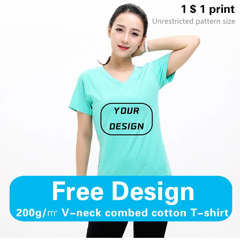 V-neck Combed Cotton T-shirt Custom Printed Logo Image Text Men Print Their Own Pictures Free Design