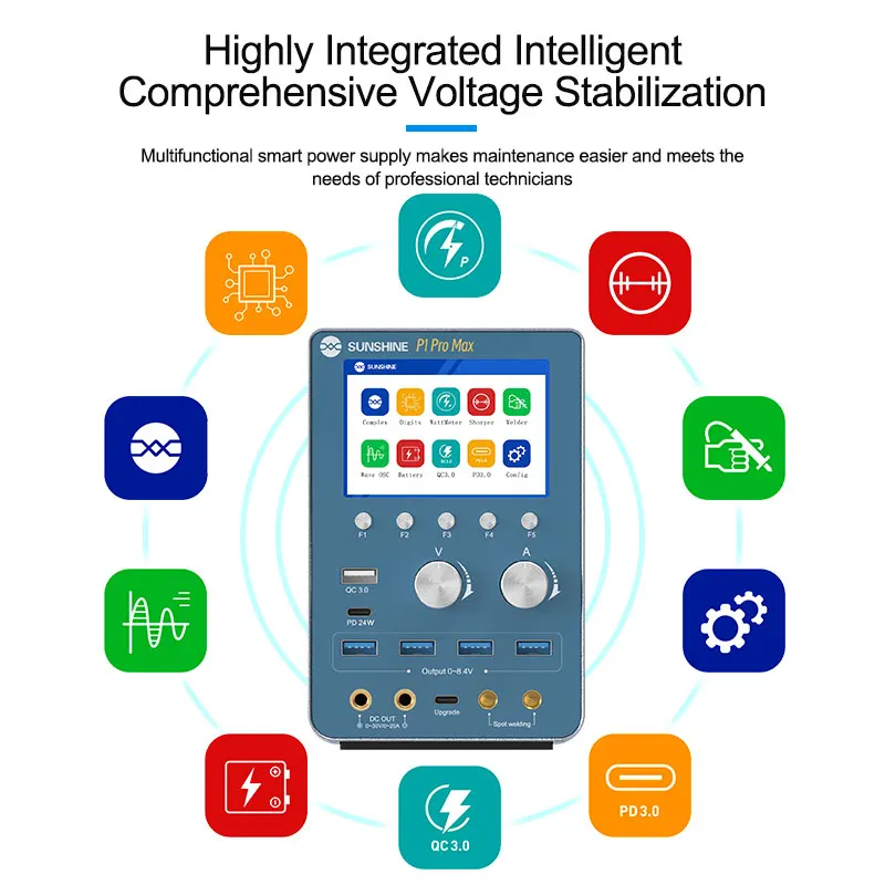 SUNSHINE P1 Pro MAX alimentatore regolato intelligente utilizzato per la saldatura a punti della batteria Burn-in, avvio della batteria, ricarica rapida QC