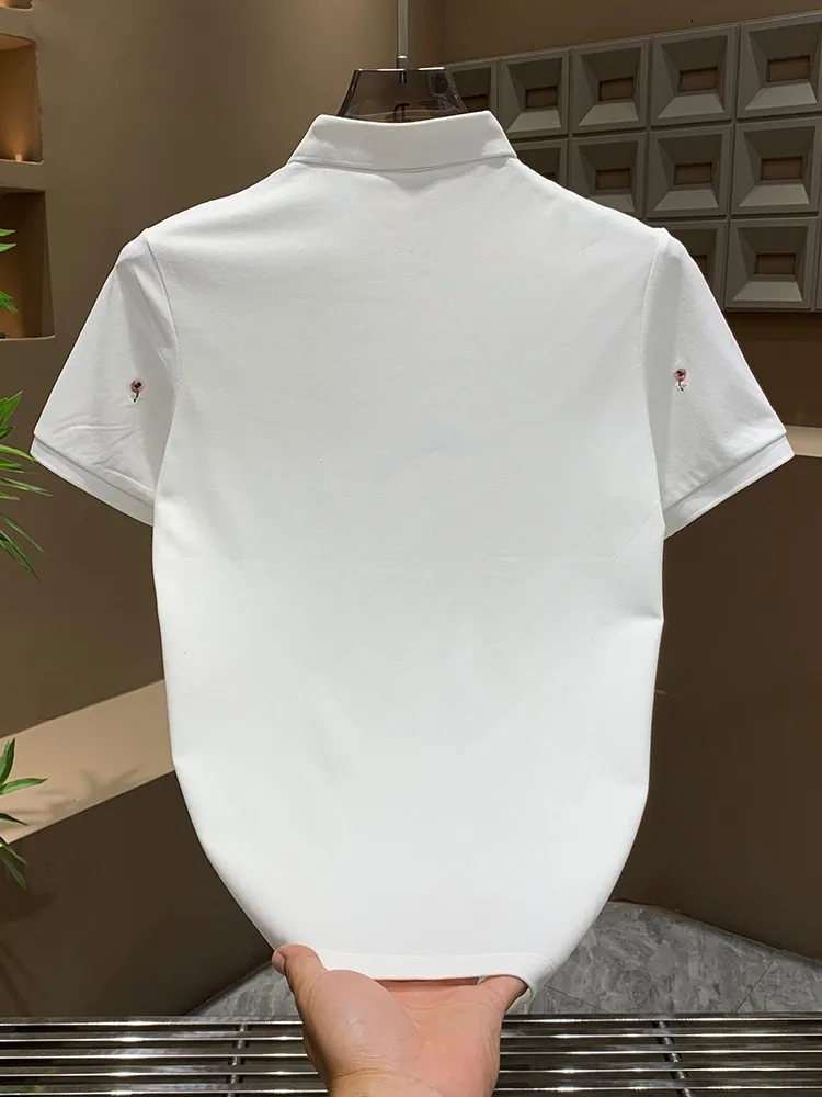 Summer Business Casual Office Men Short Sleeve T Shirt Turndown Collar Embroidery Slim Fit Pullover Tees Tops Fashion T Shirts