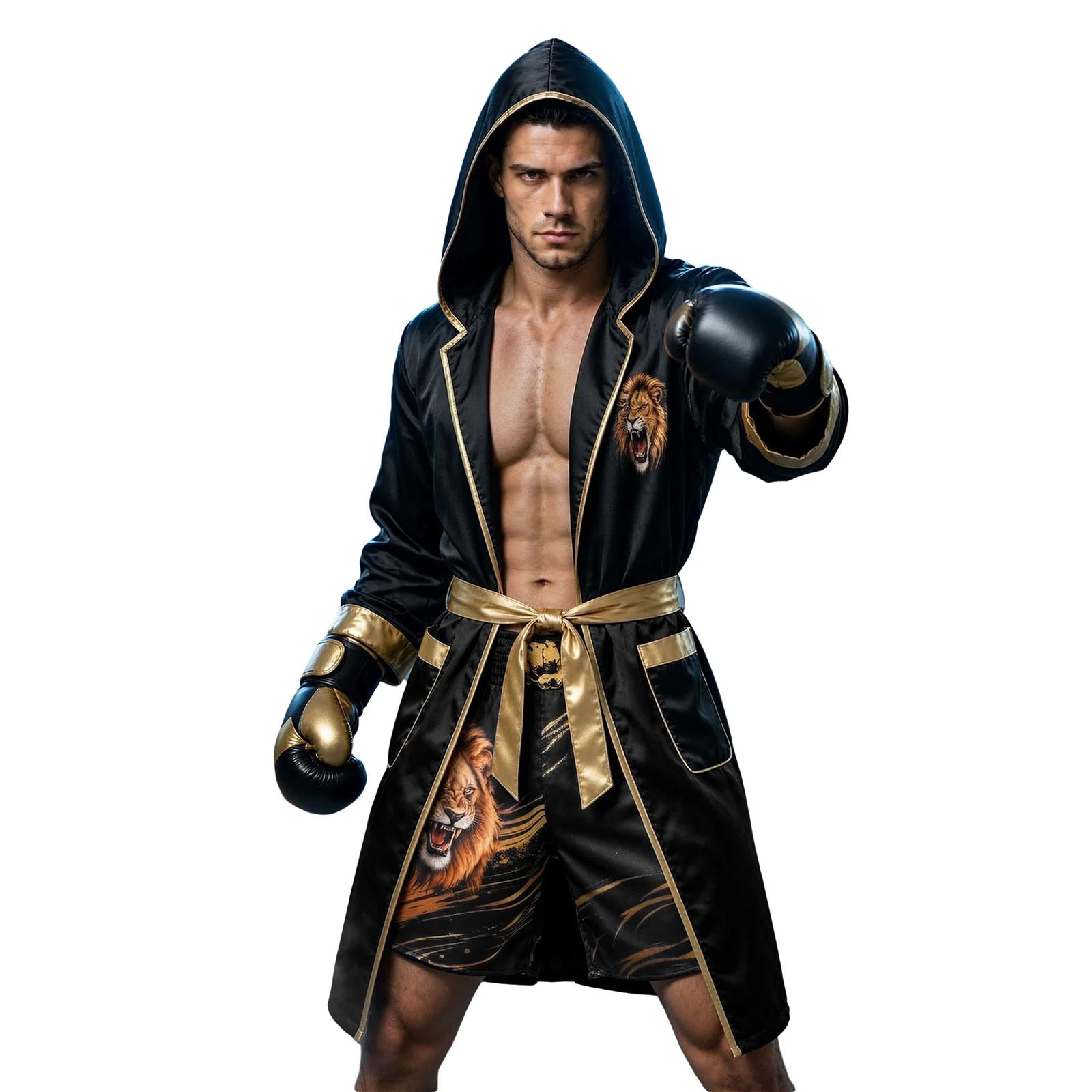 Men Boxing Fight Robe Set Gold Trim Lion Pattern Hooded Boxing Gown Muay Thai Shorts Kickboxing MMA Fight Outfit Training Suit