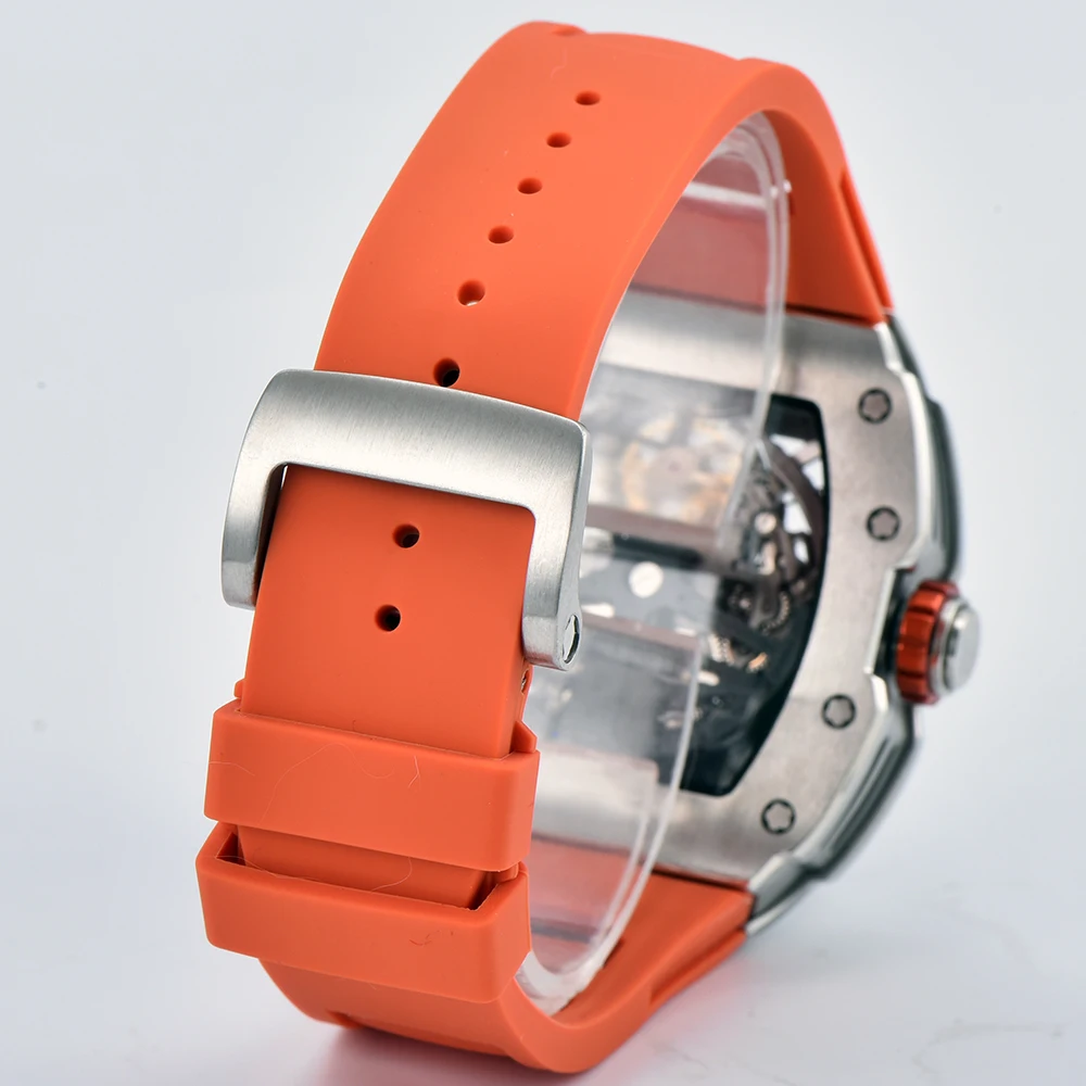 OUMASHI حركة أوتوماتيكية ميكانيكية متعددة الوظائف على شكل برميل الهاتفي الجوف توربيون الياقوت كريستال ساعات للرجال