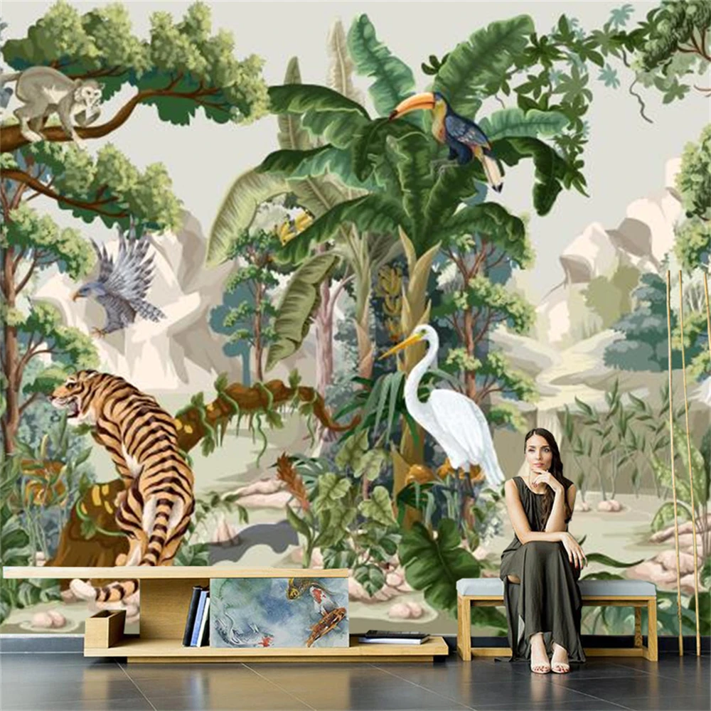 

Custom Southeast Asia art wallpaper tropical rainforest plant restaurant mural tiger monkey background 3D wall paper living room