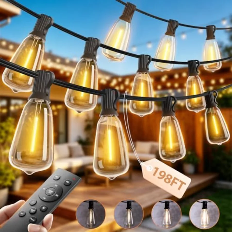 198Feet Outdoor String Lights for Outside with Remote Waterproof Patio Lights with Plastic ST38 LED Edison Bulbs Outdoor Lighti