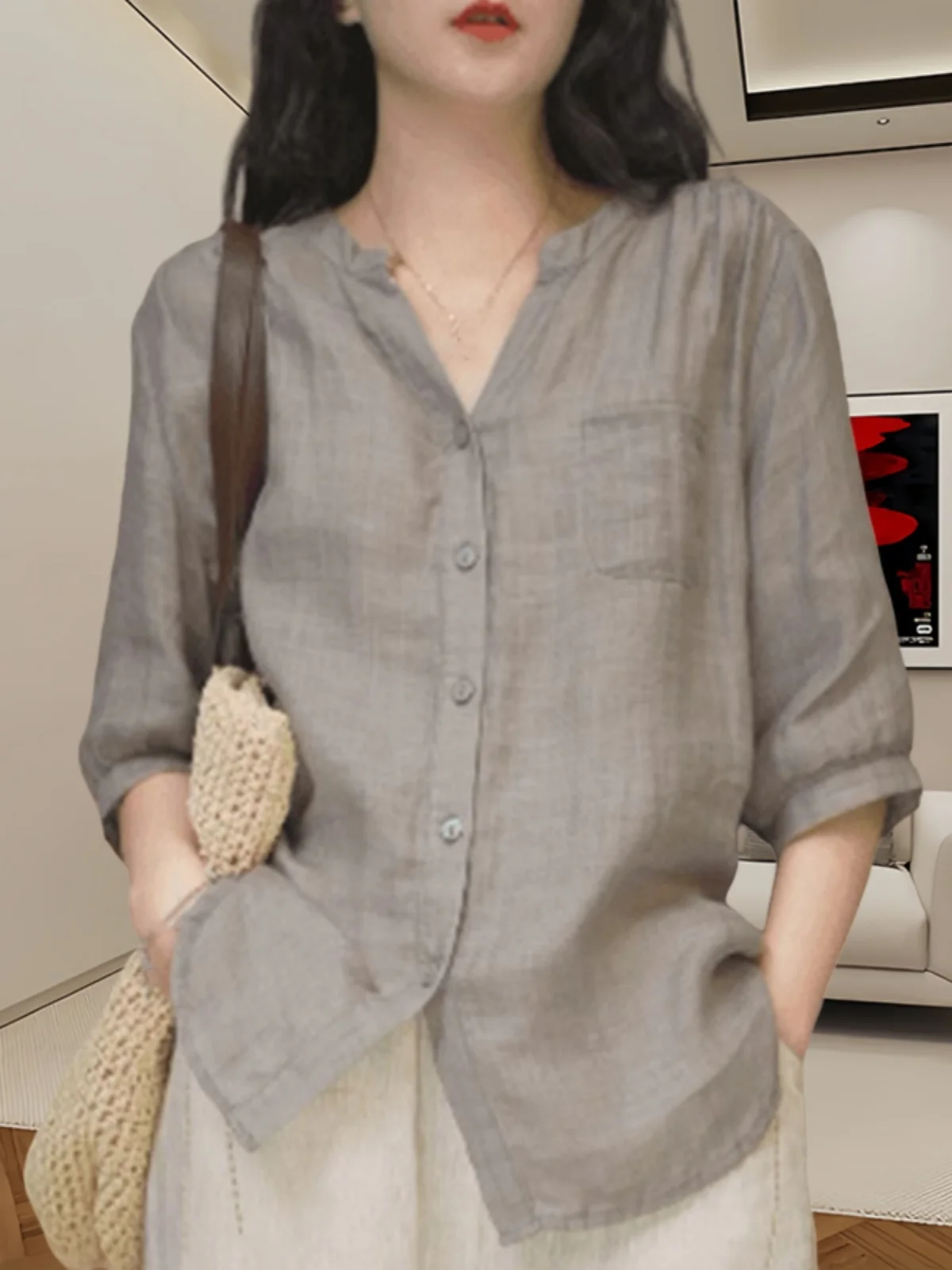 

Женская свободная льняная рубашка Ele: новинка весенней коллекции, легкая, с эффектом роскоши, из хлопка и льна, с V-образным вырезом и застежкой на пуговицах