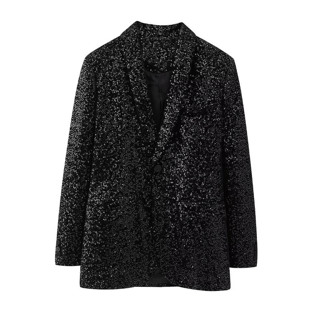 Women\'s Fashion Sequins Blazer V Collar Black Button Slim Jacket Autumn and Winter New Office Jacket Women\'s Luxury Jacket