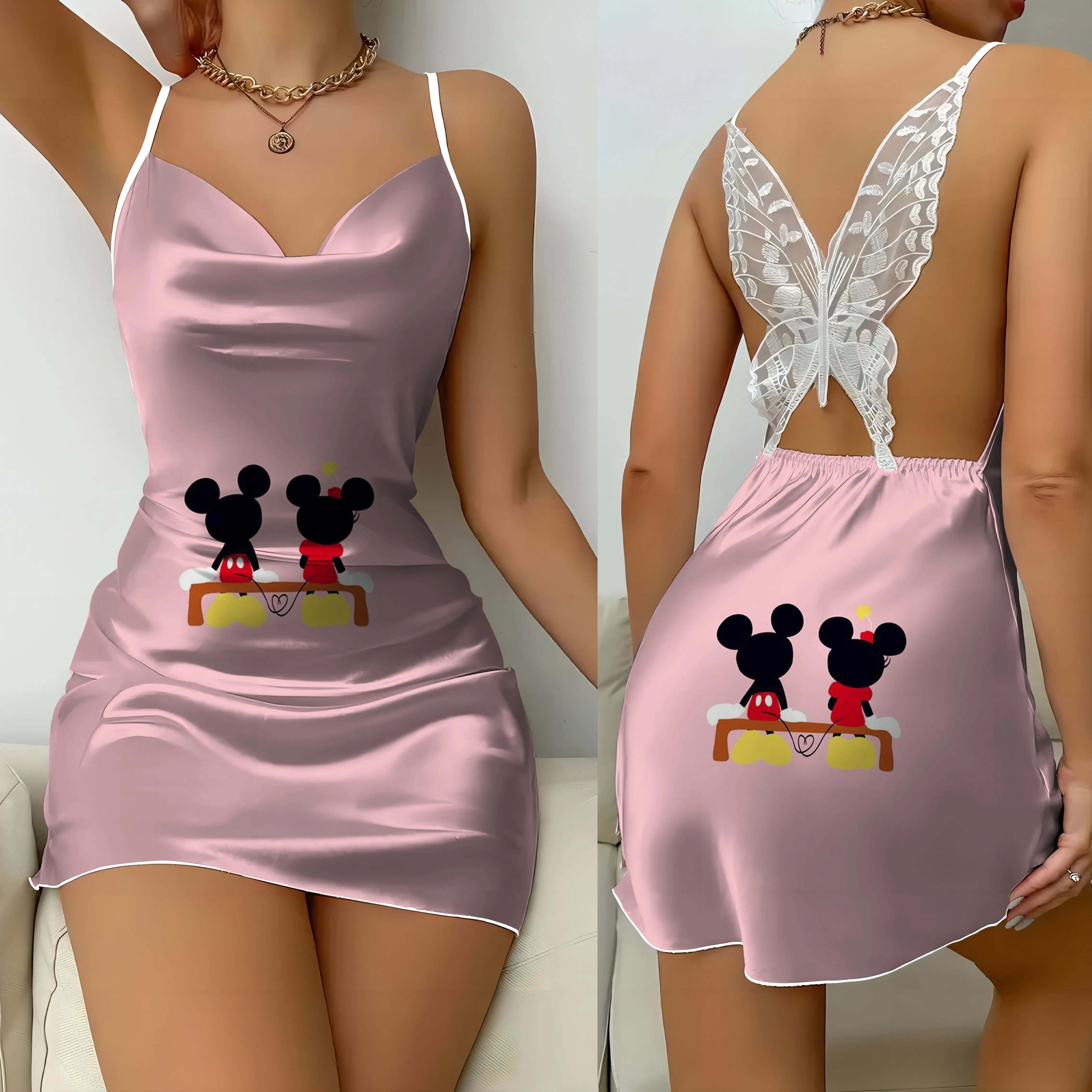 Abiti da donna Disney Backless Dress Mickey Bow Knot gonna del pigiama superficie in raso Minnie Mouse Fashion Summer 2024 Party Mini Sexy