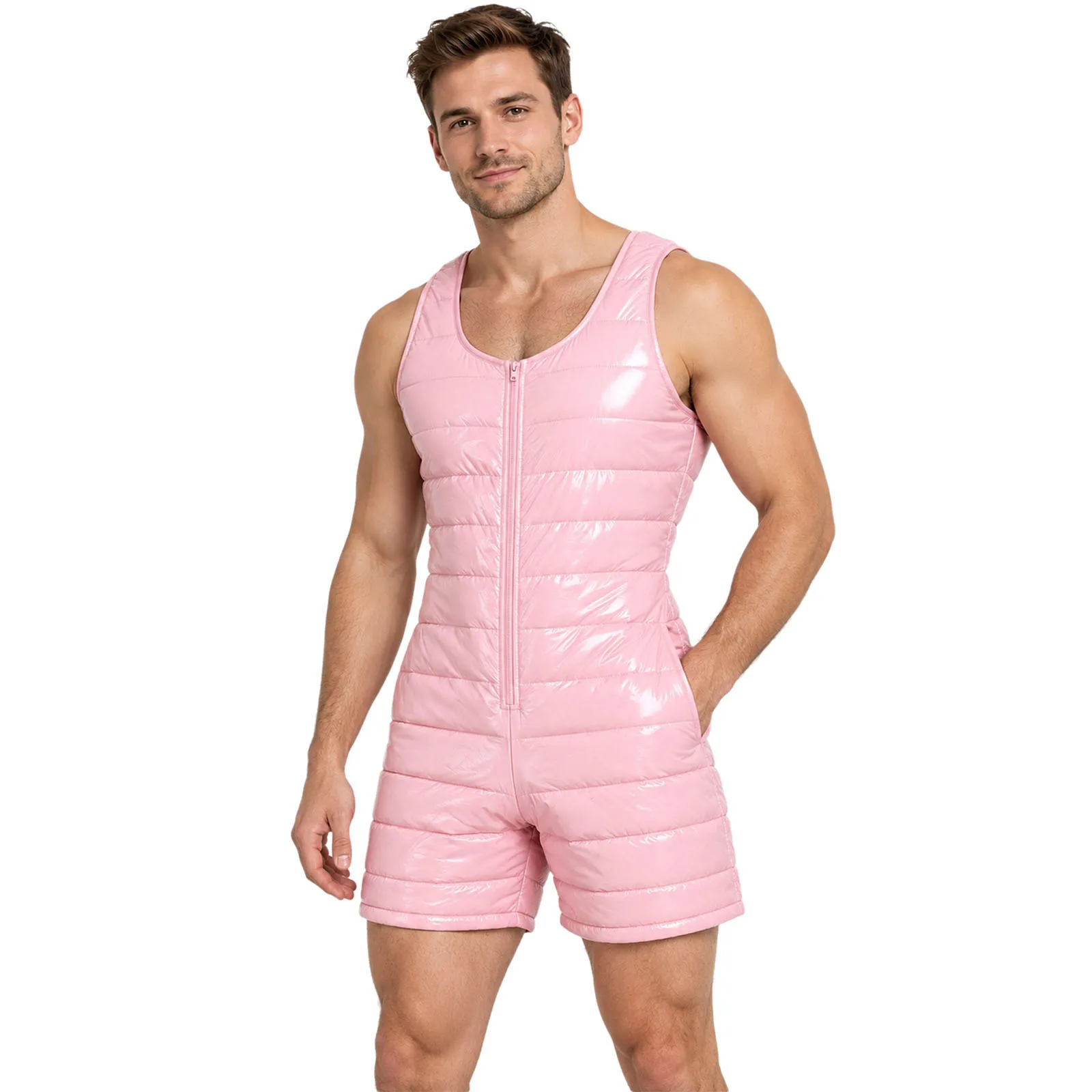 Mens Waterproof Quilted Padded Bodysuit Diaper Cover Sleeveless Zipper Front Thigh Length Jumpsuit for Club Party Outdoor Sports