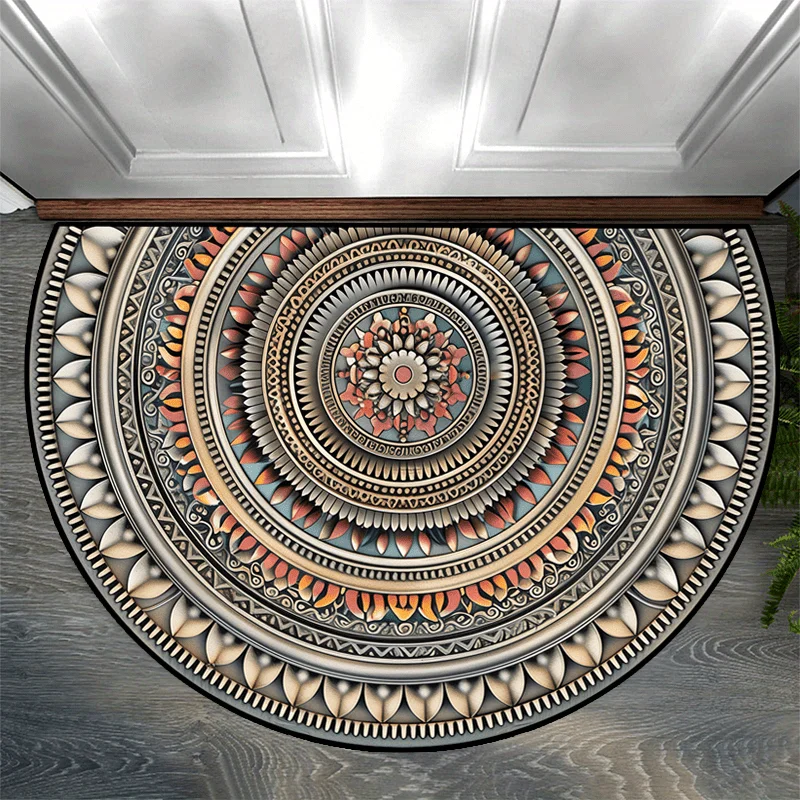 Abstract Ocean Cliff Landscape Half Circle Door Mat Artistic Non-Slip Entrance Rug for Coastal Home Decor